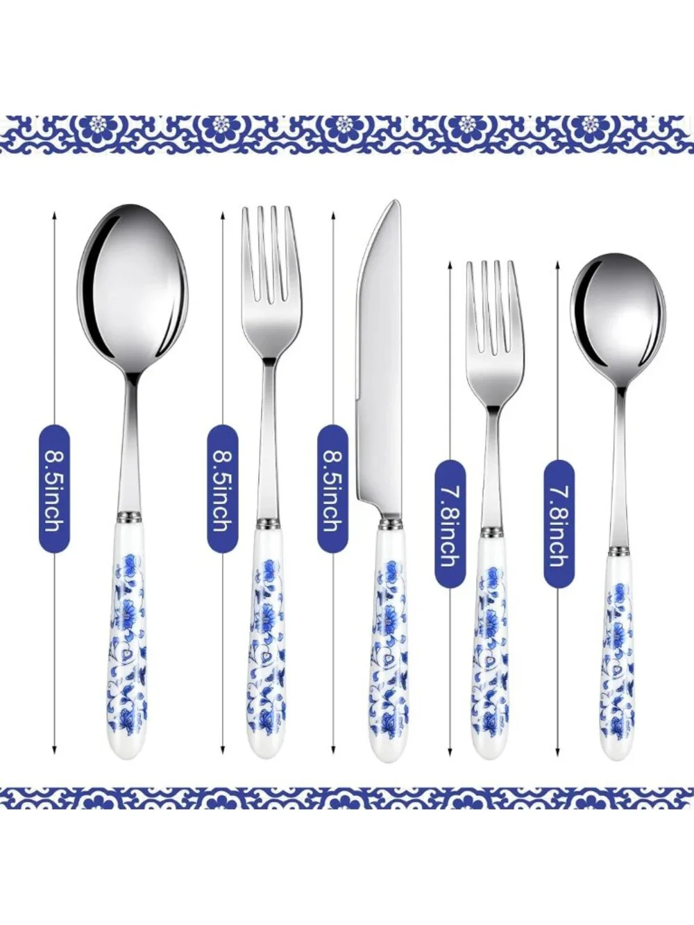 Elegant Chinoiserie Silverware Set - 10 Pcs Blue & White Porcelain Dinnerware